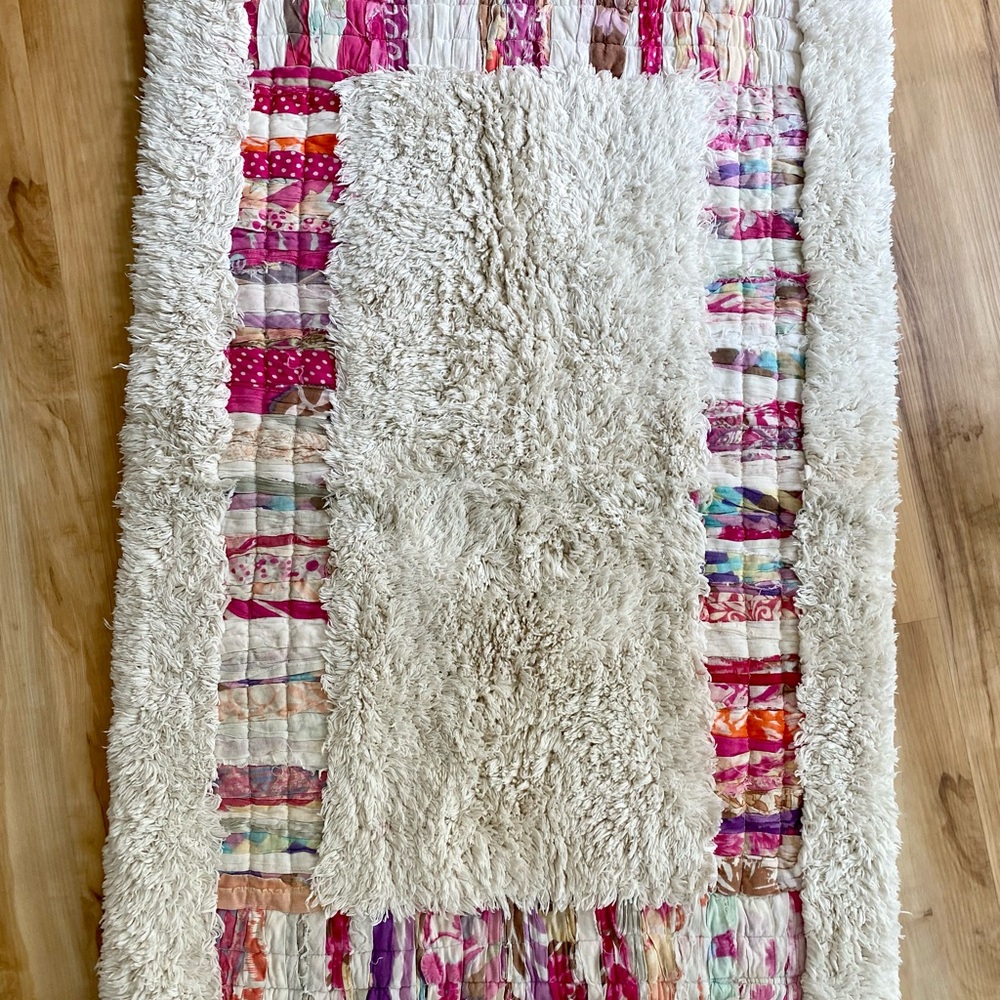 Boho Cream and Pink Bath Rug - Soft Shag Accent